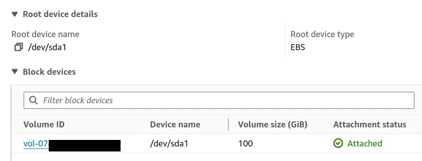 Détail du stockage sur une petite instance
