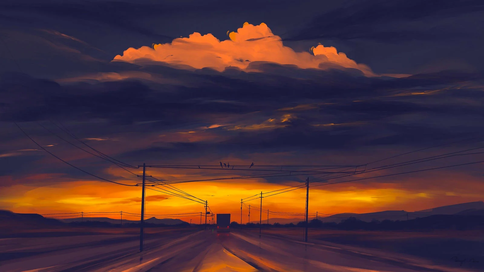 A truck on the road with the sun setting.