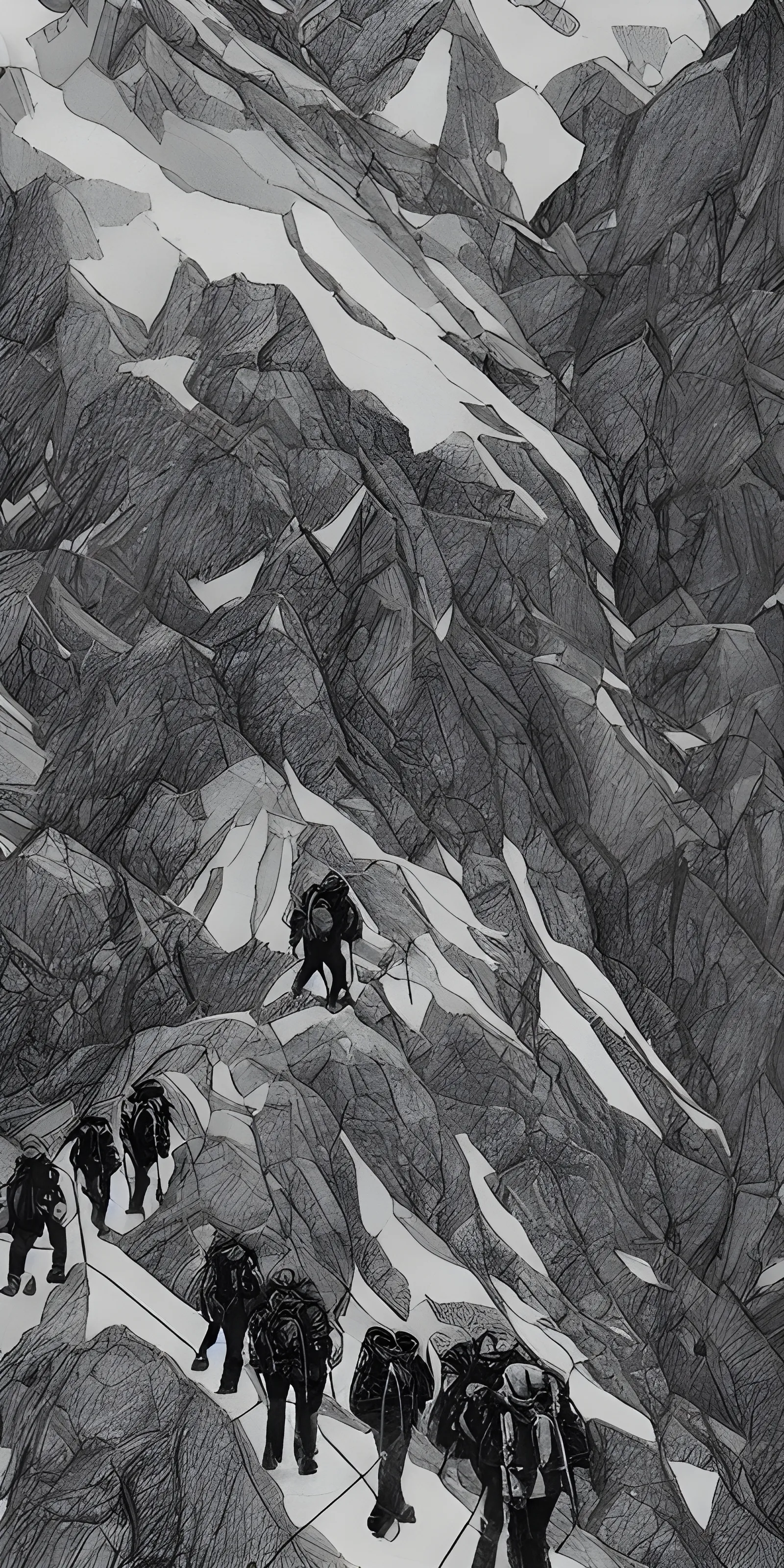 A group of people going up the mountain, in black and white.